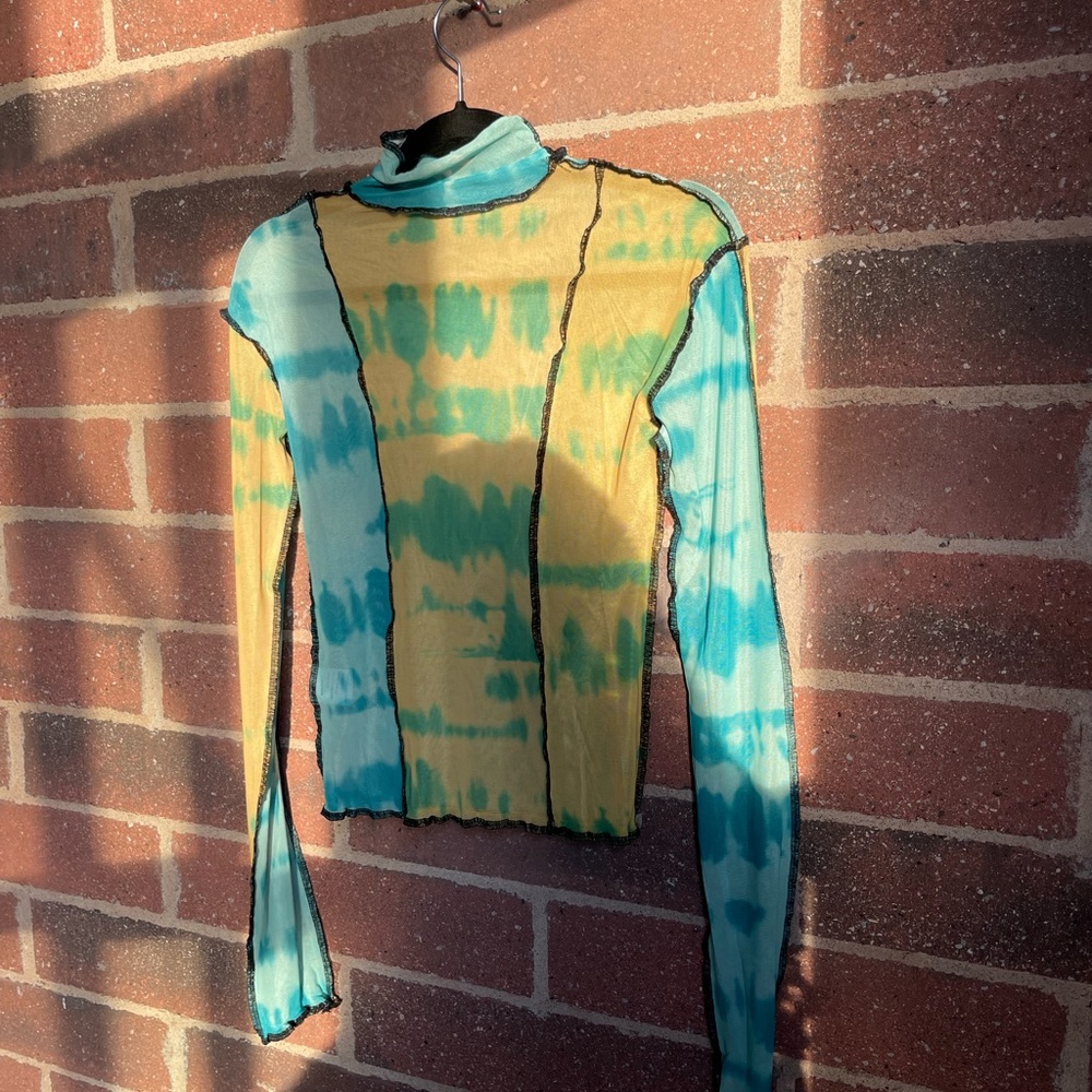 Tie dye sheer turtleneck top with stitching